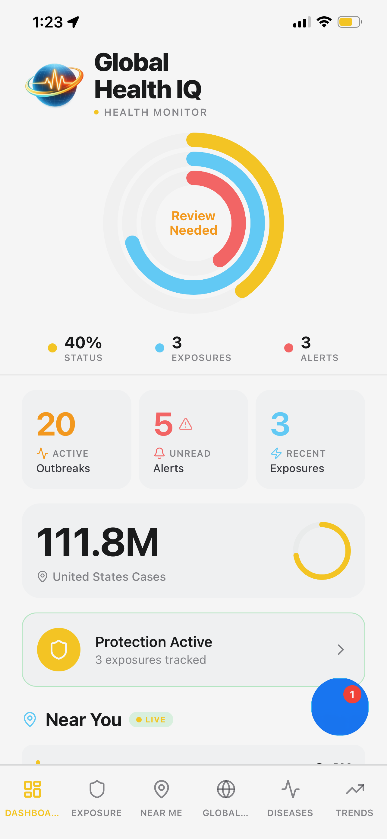 Global Health IQ mobile app — Health Monitor dashboard with status rings, active outbreaks, unread alerts, recent exposures, and live U.S. case counter.